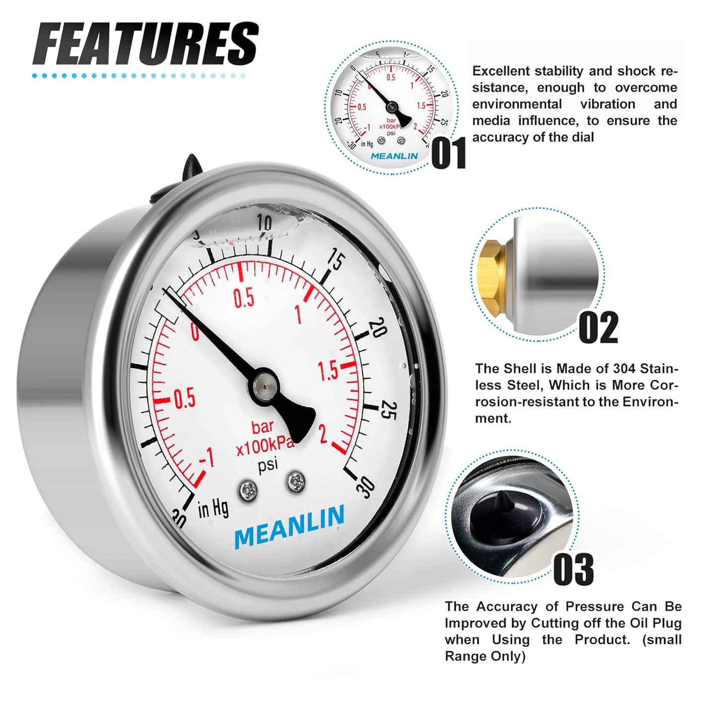 MEANLIN MEASURE -30inHG~30Psi Stainless Steel 1/8" NPT 2.5" FACE DIAL Vacuum Pressure Gauge, Center Back Mount, with 1/4" NPT and 3/8" NPT Hex Bushing