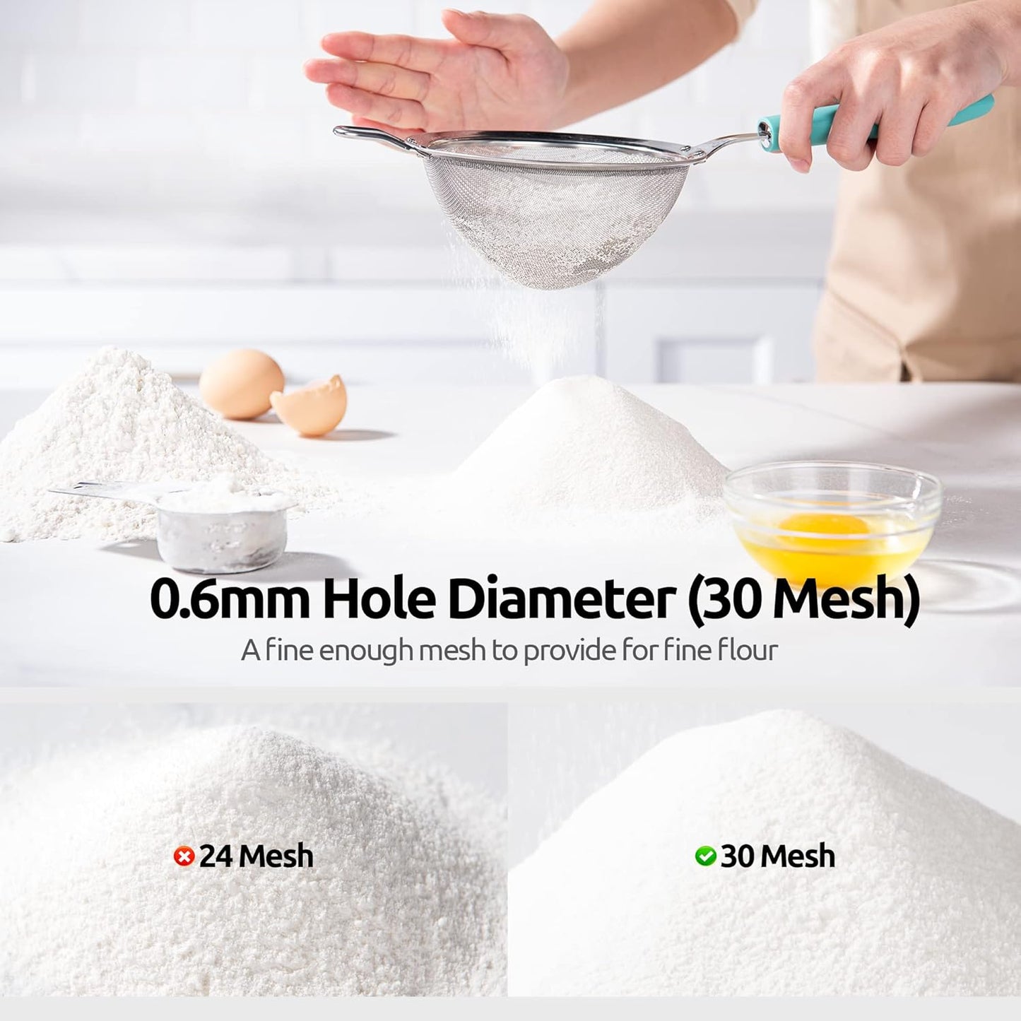 18/8 Stainless Steel Mesh Strainer: U-Taste 5.5 Inch Kitchen Fine Mesh Sieve Food Colander with Riveted Sturdy Silicone Handle and 30 Mesh Hole for Straining Flour, Pasta, Fruit, Quinoa(Aqua Sky)