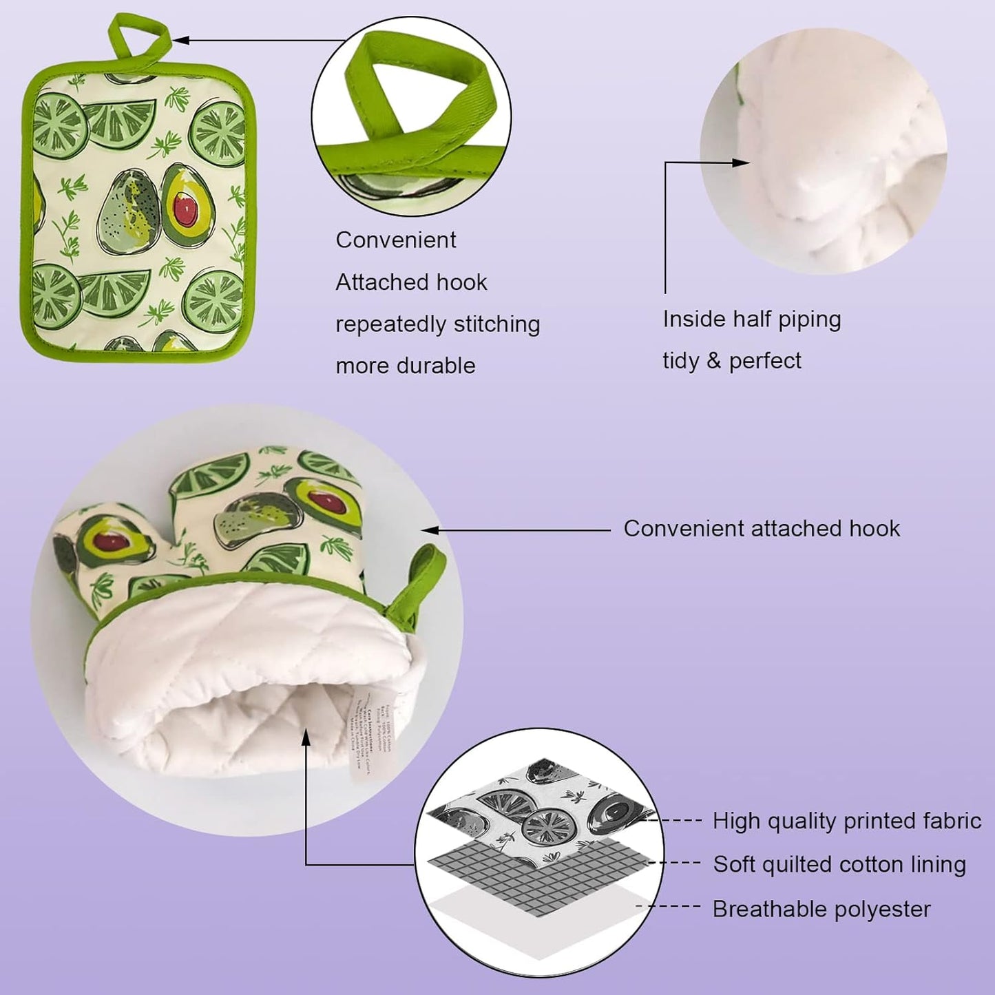 Oven Mitts and Potholders Dish Towles Set 100% Cotton for Perfect for Gifting, Baking and Everyday Cooking Durable Heat Resistant for Kitchen (5-Piece Lemon Avocado)