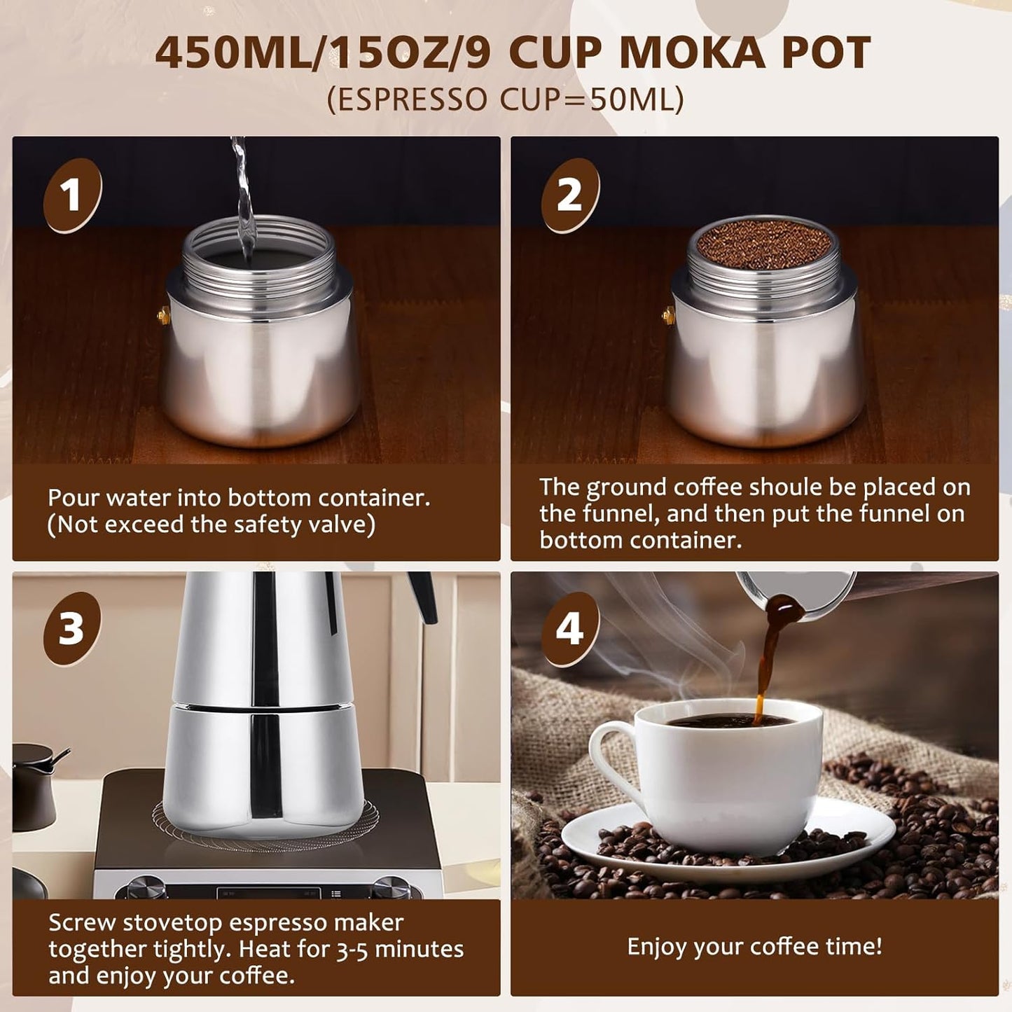 Stovetop Espresso Maker, 9 cup Moka Pot, Italian Coffee Maker Percolator, Stainless Steel Espresso Pots, 450ml/15oz(Espresso Cup=50ml/1.7oz) Coffee Pot Cafe Maker for Induction Cookers, Hobs