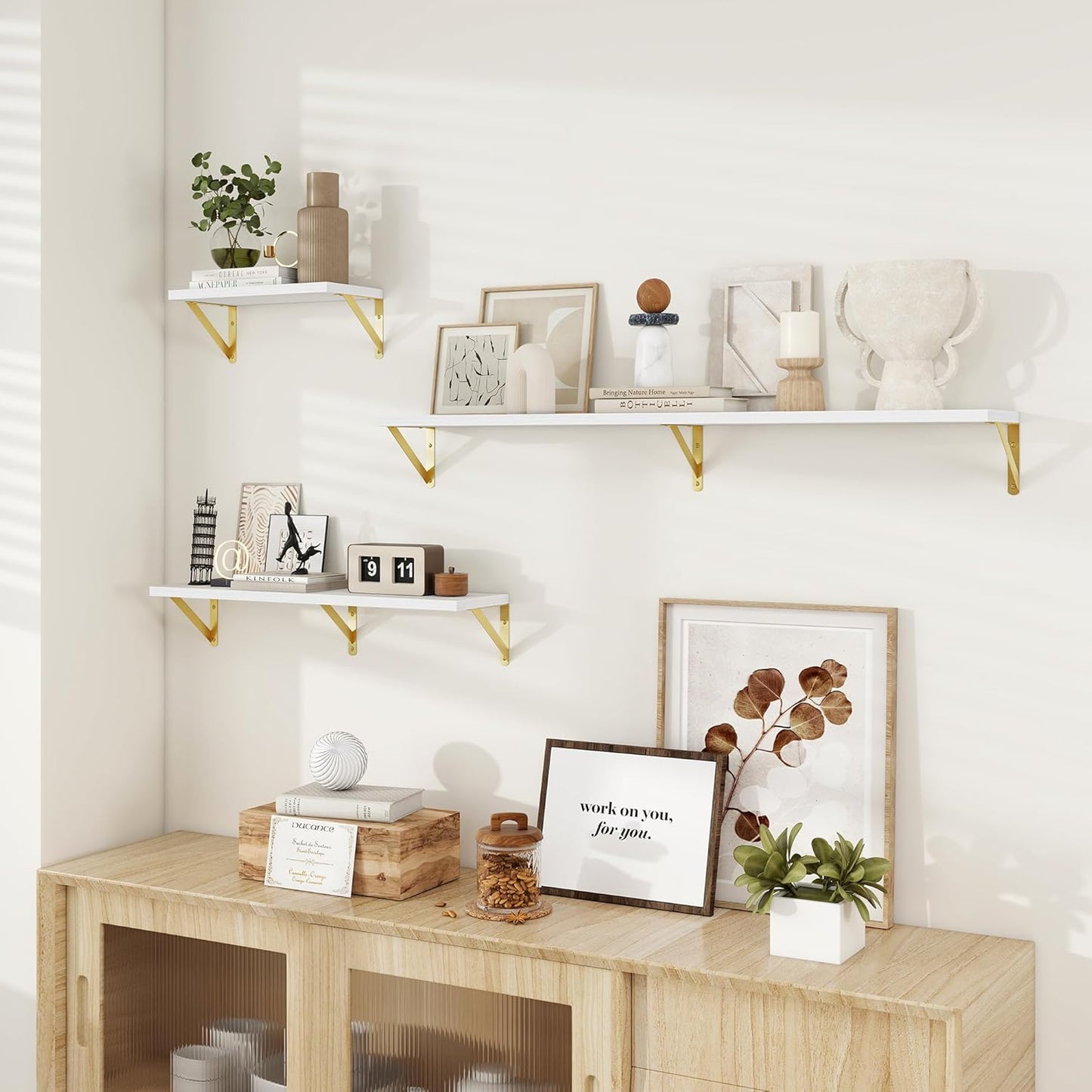 Deep Floating Shelves for Wall, 36W x 8D Wall Mounted Shelves Set of 2, Wide Display Ledge Shelf with Sturdy Metal Brackets for Living Room, Bathroom, Bedroom and Kitchen, White with Gold Brackets