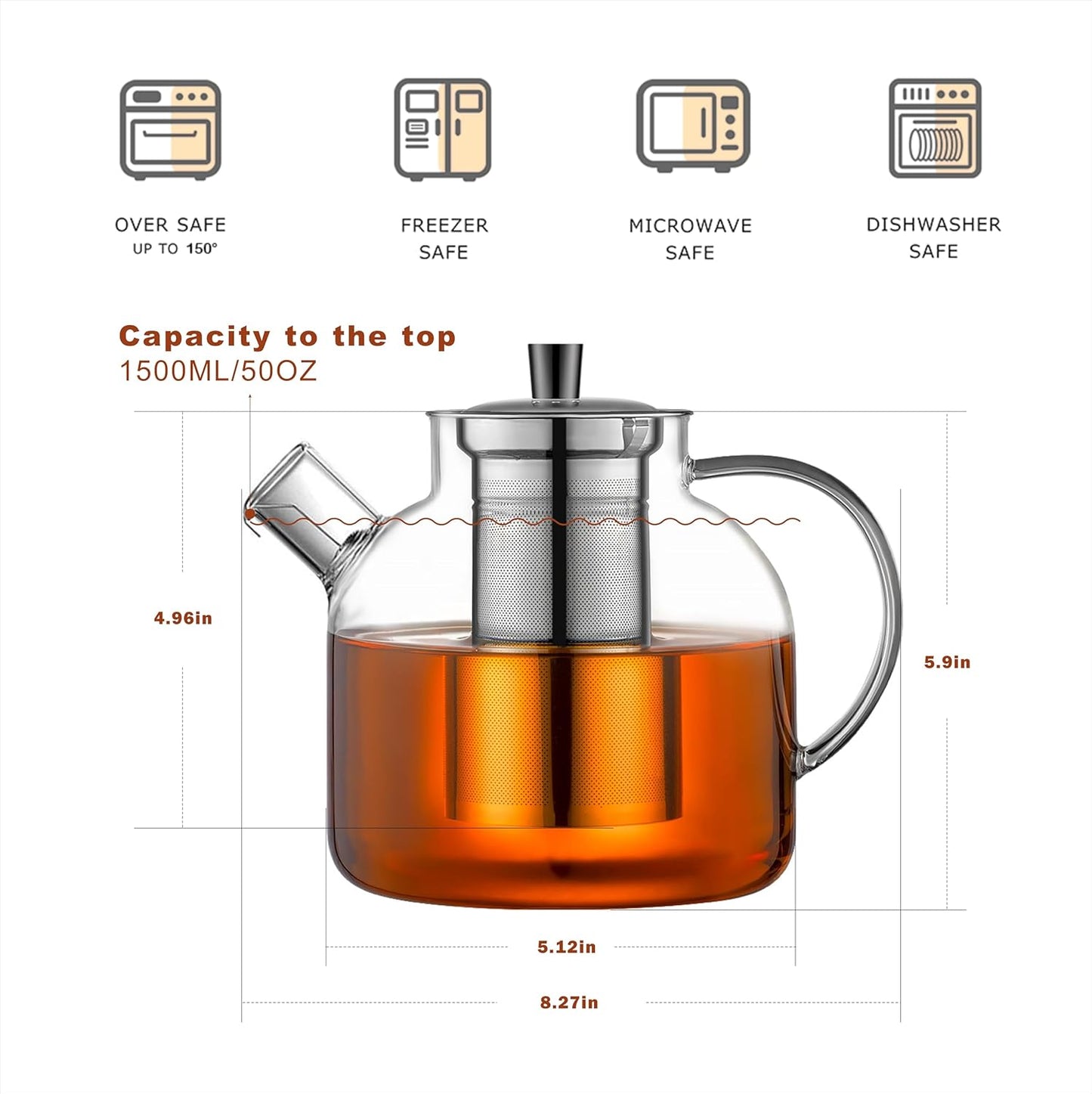 1500ml(50oz) Glass Teapot with Removable Infuser, Ehugos Stovetop Safe Large Tea Pot, Blooming and Loose Leaf Hand Crafted Kettle for Women and Adult with Stainless Infuser