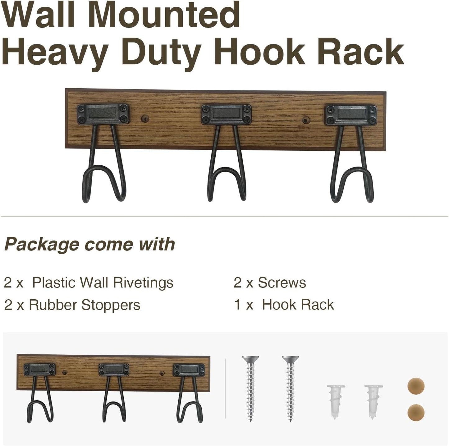 16" Wall Mounted Heavy Duty Label Hook Rack with 3 Hooks, for Hanging Coat, Hat, Jacket or Towel, Fit for Entryway, Hallway, Bedroom, Bathroom, Walk-in Closet and More - Brown/Black