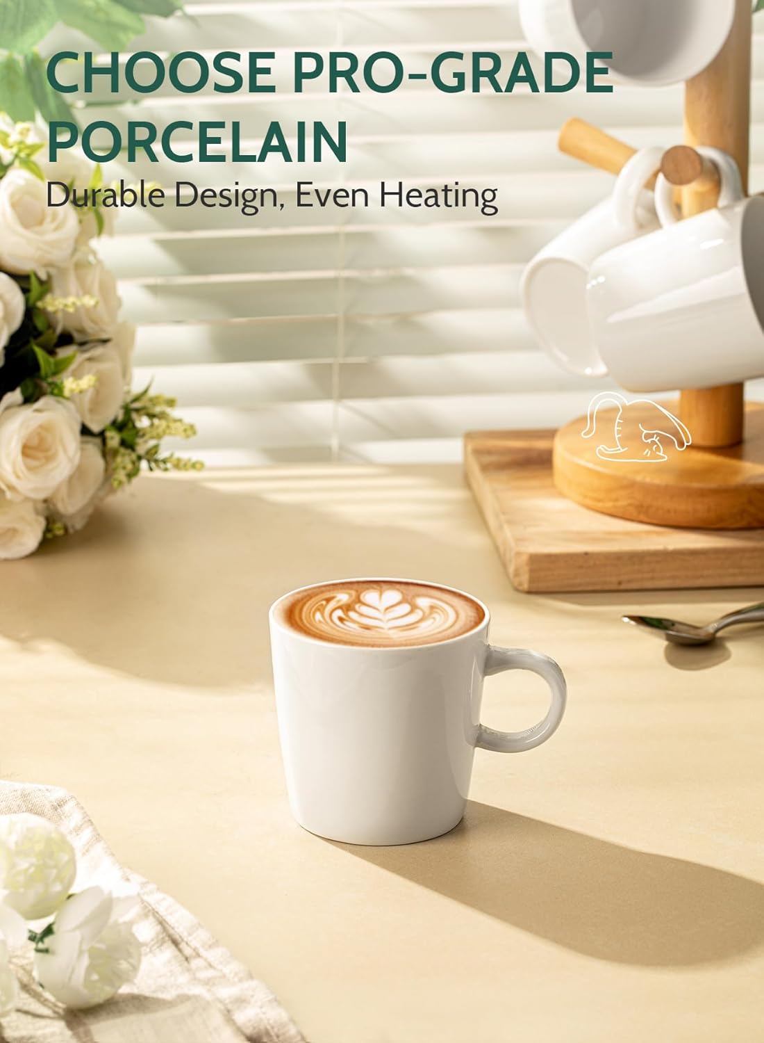 Sweese 5oz Porcelain Espresso Cups Set of 4, Mini Coffee Mugs Demitasse Cups - White