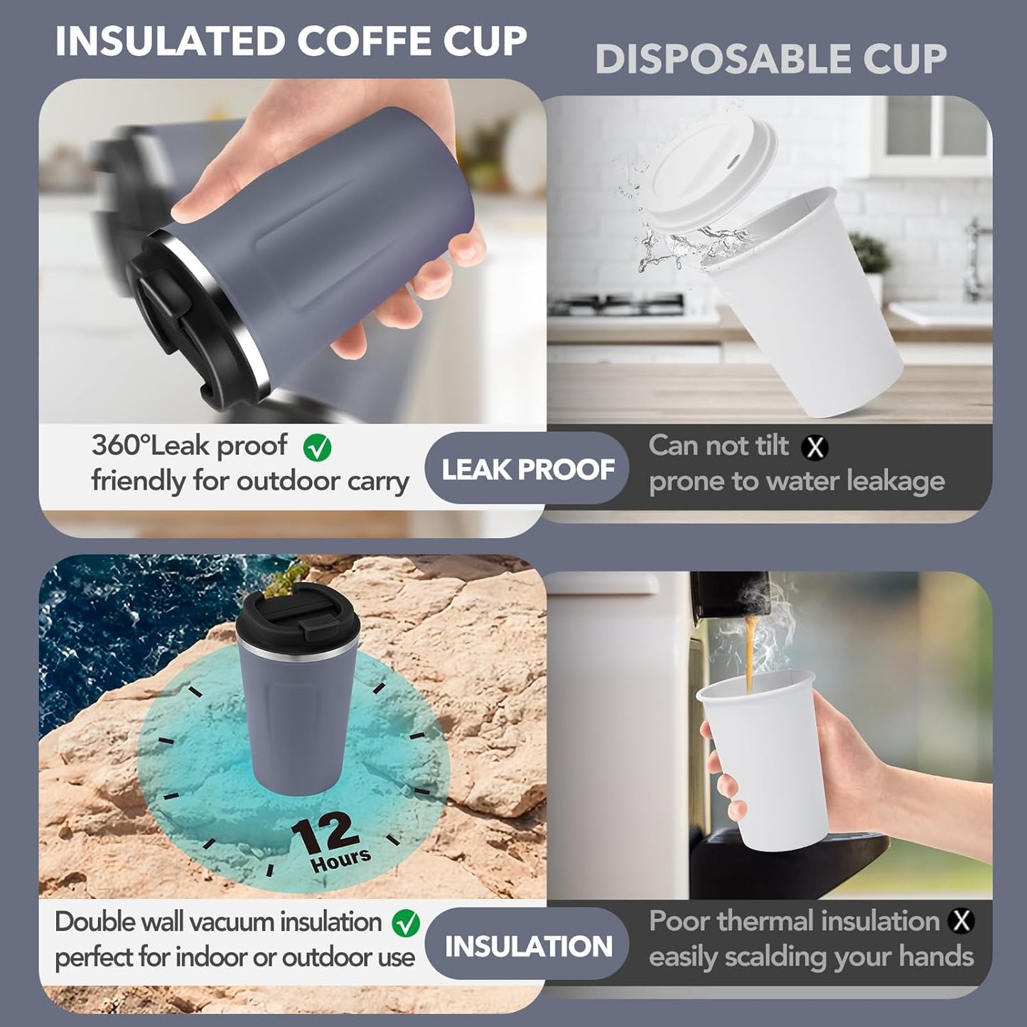 Volhoply 12 oz Double Wall Insulated Vacuum Travel Coffee Mug with Flip Lid Bulk 4 Pack,Reusable Stainless Steel Leak Proof Coffee Cups,Portable Cafe Thermal Tumbler for Hot & Cold Drinks(Gray,4 Set)