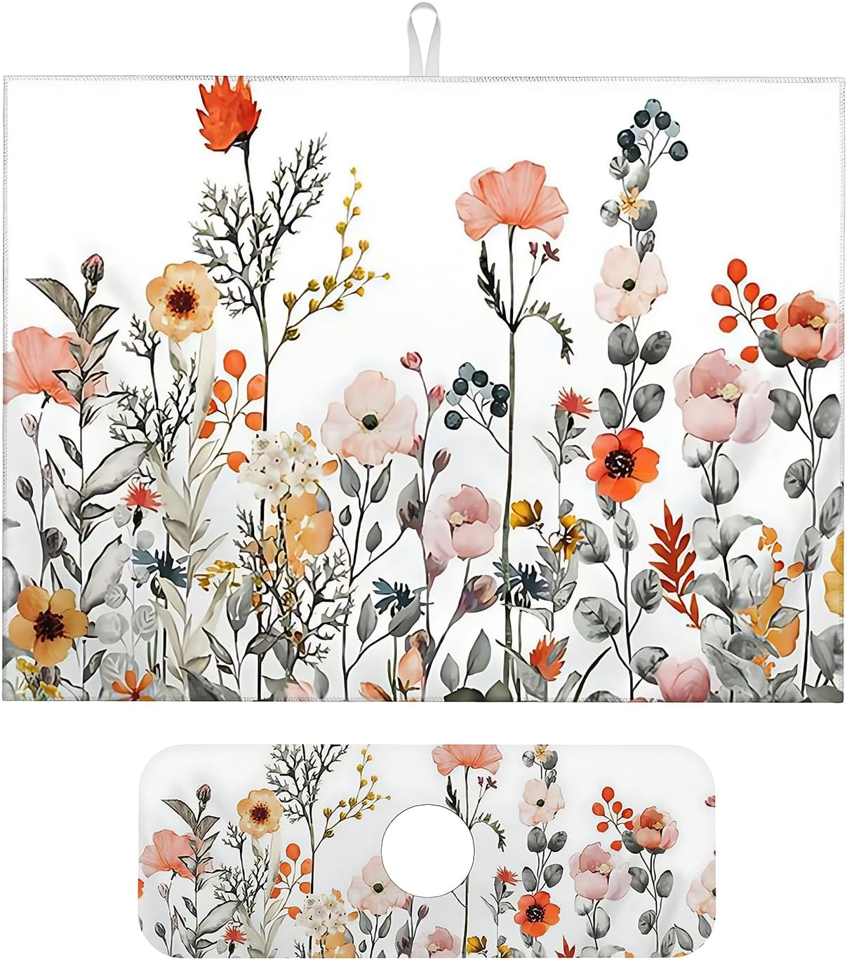 2Pcs Dish Drying Mats Faucet Mats Sets Large Size Coffee Mats Sink Faucet Mat Splash Guard for Kitchen Counter Bathroom Sink Coffee Bar Kitchen Decor (Colorful Wildflowers, 18"x24" 15" x 5.5"Set)