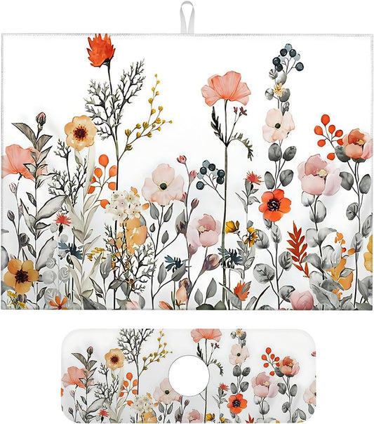 2Pcs Dish Drying Mats Faucet Mats Sets Large Size Coffee Mats Sink Faucet Mat Splash Guard for Kitchen Counter Bathroom Sink Coffee Bar Kitchen Decor (Colorful Wildflowers, 18"x24" 15" x 5.5"Set)