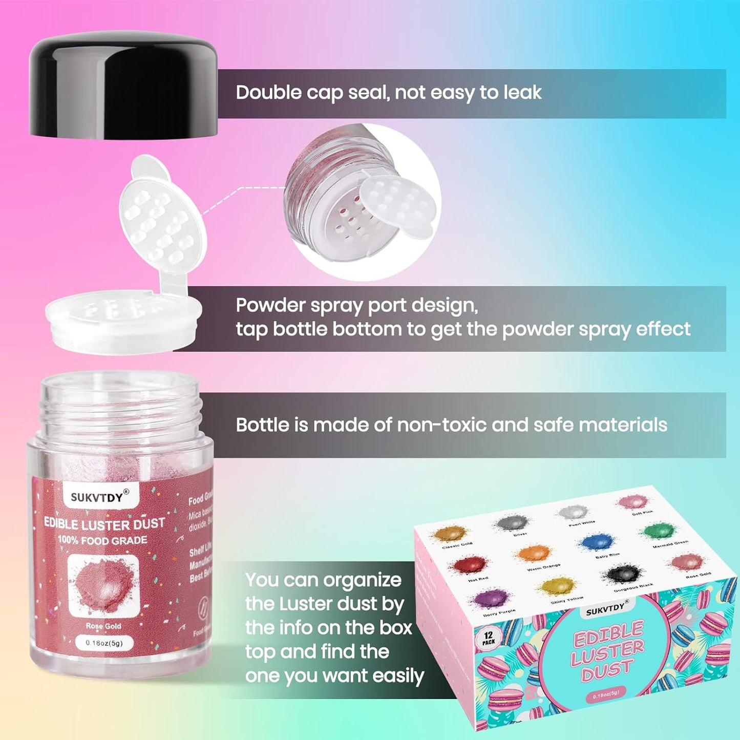 Edible Glitter for Cocktails and Cakes, 12 Colors x 5g Food Grade Shimmer Luster Dust Edible Set, Food Glitter for Drinks Cookies Chocolate