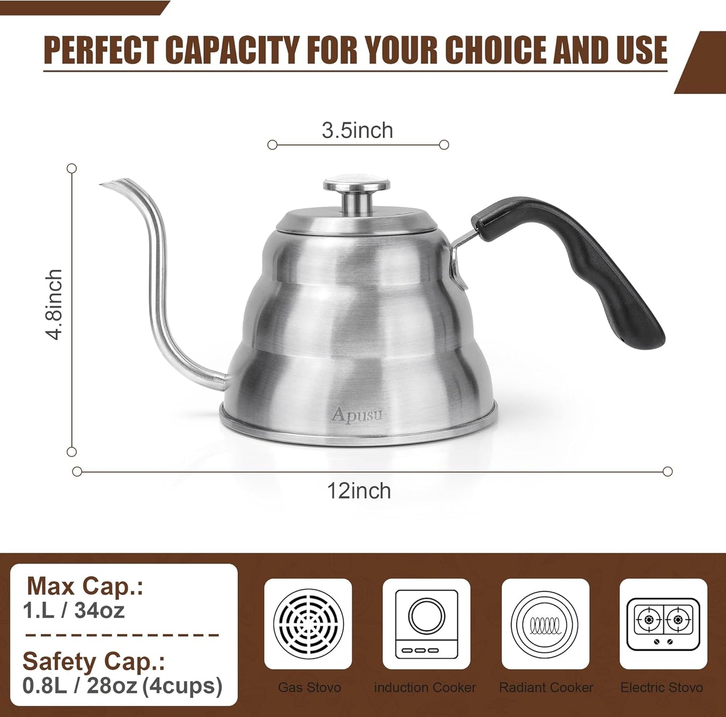 Pour Over Kettle for Manual Drip Coffee and Tea with Thermometer 28oz Gooseneck Kettle with Flow Control Stainless Steel Water Kettle for Stovetop,800ml,4 Cup,Silver,1Pack