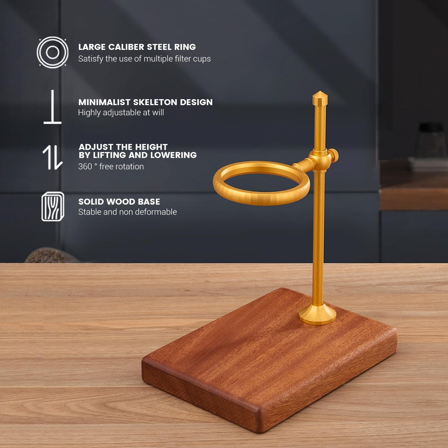 Pour Over Coffee Stand, Height Adjustable Pour over Coffee Maker with Sapele Wooden Base, Paper Filters, Bronze