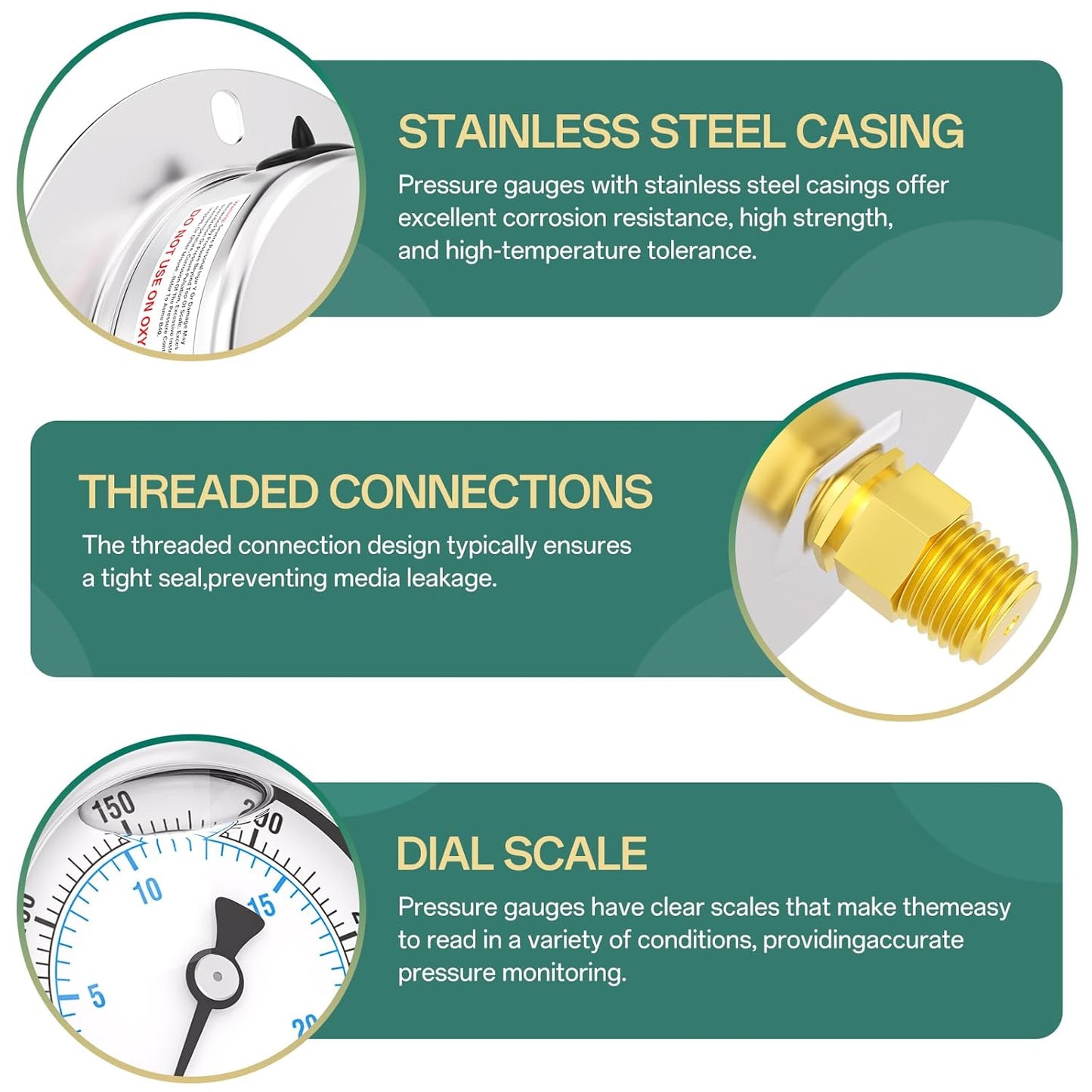 0-300PSI Panel Mount Front Flanged Glycerin Filled Pressure Gauge, 2.5" Dial Size, 1/4" MNPT Back Mount, Stainless Steel Case, with Phillips Screw and Nut, for Water, Gas, Liquid Pressure