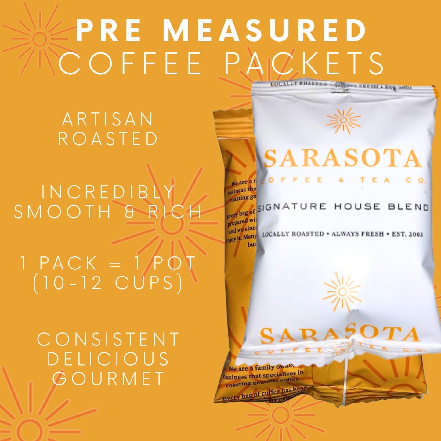 Sarasota Coffee Ground Packets | Gourmet Medium Roast Bulk Coffee Packs | Breakfast Blend | Low Acid Mold Free Singles Individual Pouches for 12 Cup Coffee Maker | 3 Ounce Bags, 36 Count