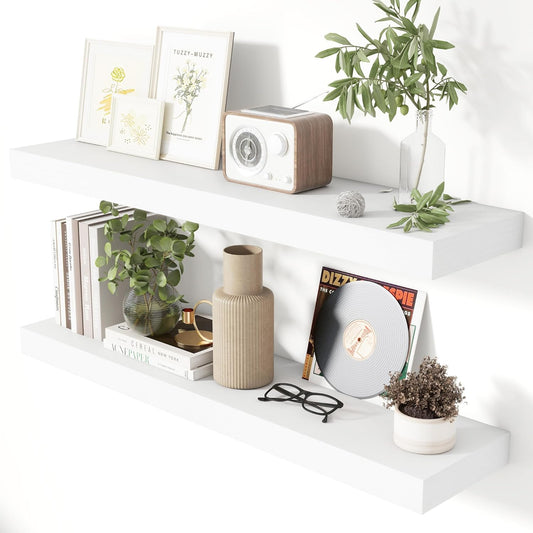 Heimlove 36 Inch Floating Shelves for Wall 8 Inch Deep White Shelves Set of 2,Wall Mounted Rustic Wood Long Floating Shelf with Invisible Brackets for Bedroom Kitchen Living Room