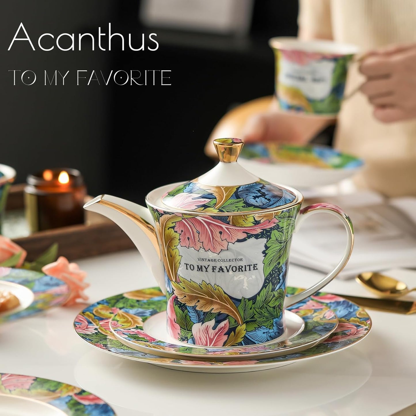 ACMLIFE Tea Cup and Saucer Set for 1, Vintage Floral Bone China Tea Cup Set with Saucer 24K Gold, Porcelain Tea Cup with Spoon and Gift Box, 6.8 oz (Green)