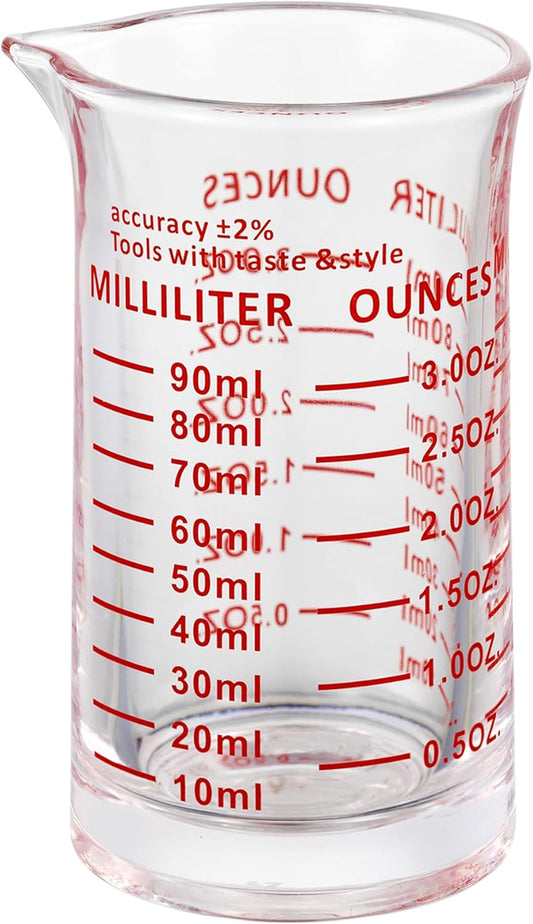 Ackers 3oz/90ml Glass Measuring Cup – Shot Glass with Double Scale-Ounce,Ml Markings for Kitchen & Bar(Red Line)