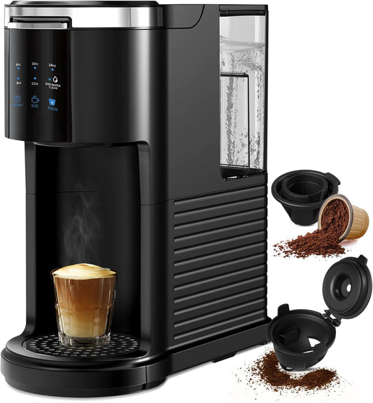 Single Serve Coffee Maker K Cup 2 in 1 Coffee Machine with Ground Coffee & Pods Coffee, 6 to 14 Oz Brew Sizes,Mini One Cup Drip Coffee Maker with Auto Cleaning & Shut Off, Black