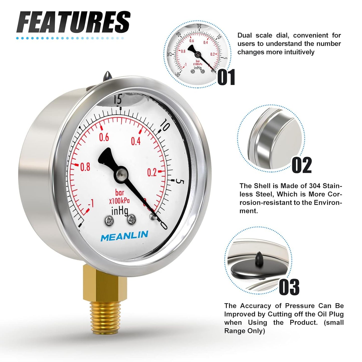 MEANLIN MEASURE -30inHG~0Psi Stainless Steel 1/8" NPT 2.5" FACE DIAL Vacuum Pressure Gauge, Lower Mount, with 1/4" NPT and 3/8" NPT Hex Bushing