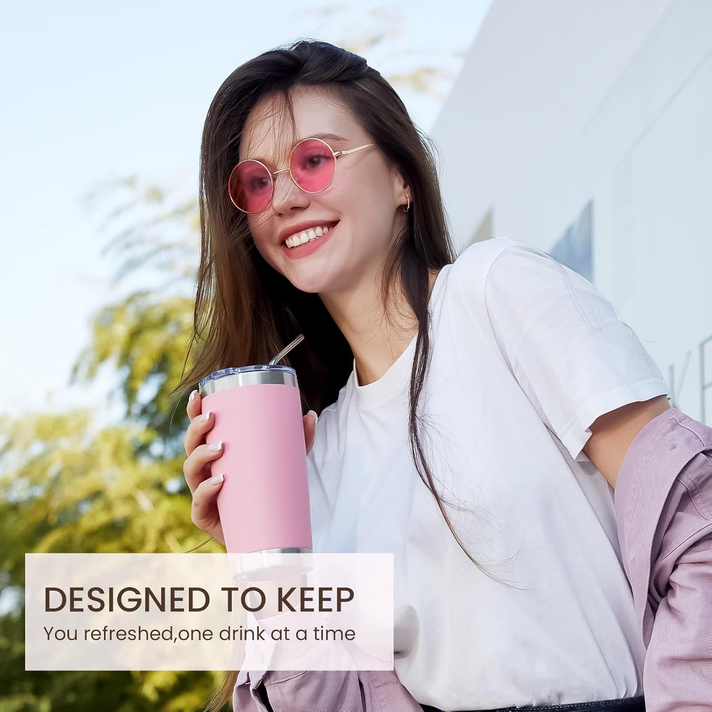 MEWAY 20oz Tumbler Cup Double Wall Vacuum Insulated Travel Mug Bulk, Stainless Steel Tumblers with Lid and Straw, Durable Powder Coated Coffee Cups for Cold & Hot Drinks (Pink, 1)