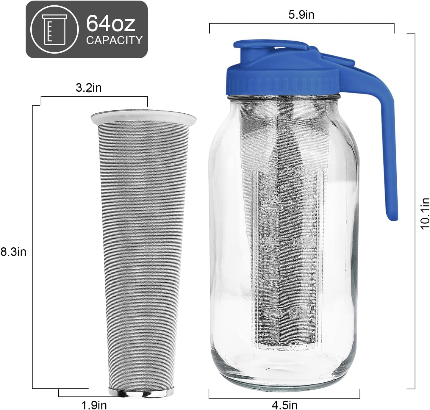 Cold Brew Coffee Maker,64 oz Mason Jar Pitcher with Stainless Steel Filter, Pour Spout Handle Lid, Heavy Duty Glass Airtight & Leak-Proof Pitcher for iced coffee Tea Lemonade -Blue