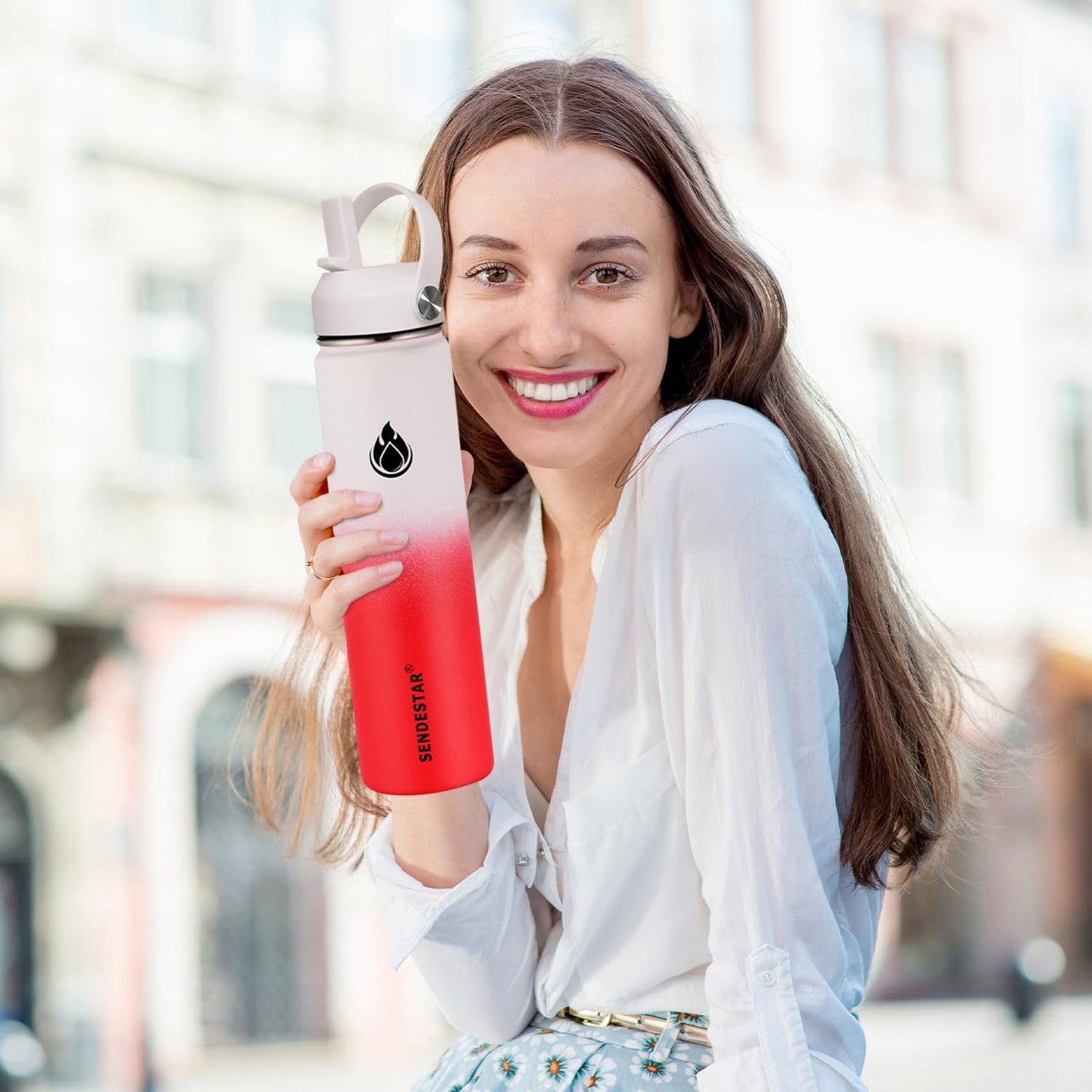 SENDESTAR Water Bottle 32oz Double Wall Vacuum Insulated Leak Proof Stainless Steel Sports Water Bottle—Wide Mouth with New Flex Straw Lid & Spout Lid (White&Red)