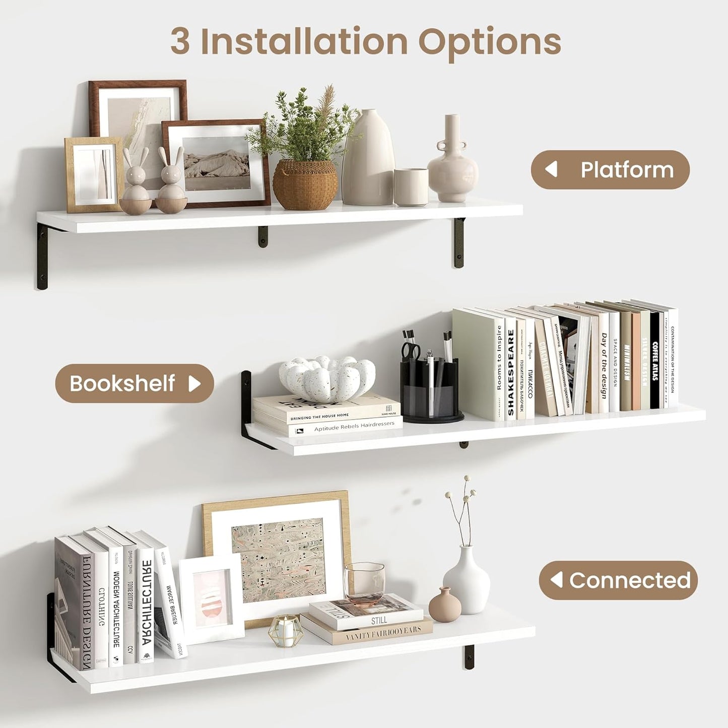 Fun Memories Deep Floating Shelves, 36W x 8D Floating Shelves Set of 2, Wall Mounted Shelf with Metal Brackets, Rustic Wood Wall Shelf for Bathroom, Kitchen and Living Room, White