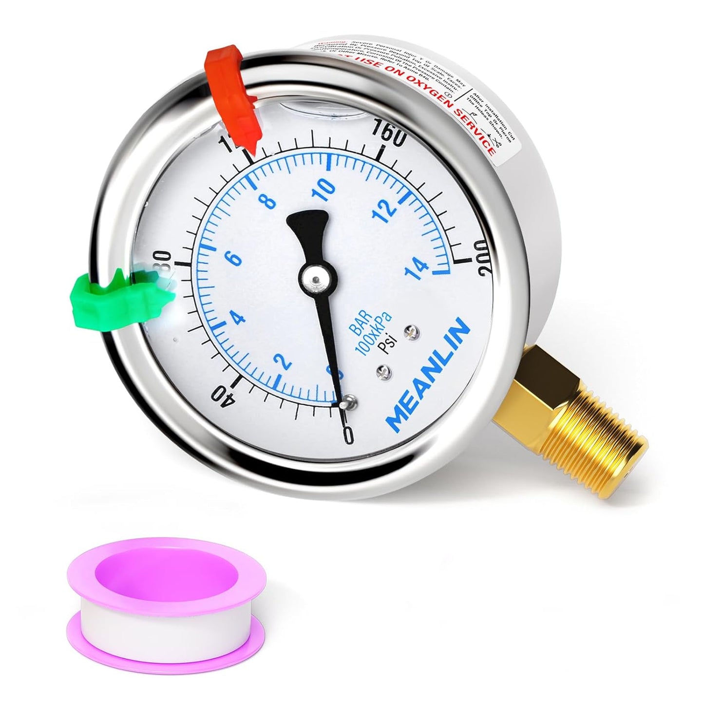 MEANLIN MEASURE 0~200Psi Liquid Filled Pressure Gauge 1/4" NPT 2.5" FACE DIAL Stainless Steel Glycerin Filled WOG Water Oil Air Lower Mount (with 2PCS Snaps)