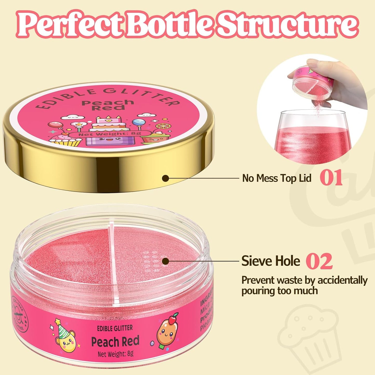 Nomeca Edible Glitter for Drinks Cakes, 8 grams Food Grade Luster Dust Sprinkles Glitter for Cake Decorations, DIY Cocktails, Beverages & Cake Decorating, Dessert Cake Topper (12-Peach Red)