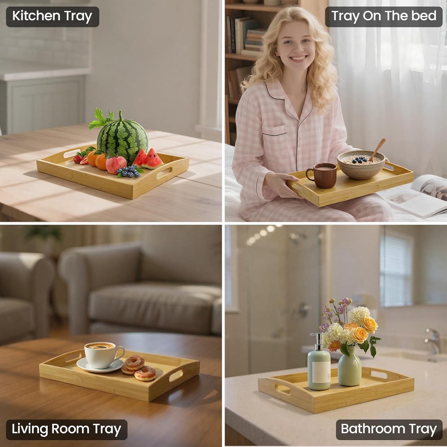 Set of 2 Bamboo Serving Tray with Handles, Decorative Wooden Tray for Breakfast, Dinner, Coffee Table - Portable Bamboo Tray for Ottoman, Kitchen, Living Room Bedroom, Outdoor Scenarios and More