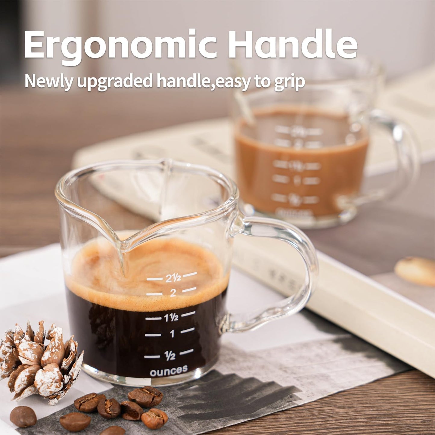 Espresso Shot Glass 3-Ounce Triple Pitcher Barista Double Spouts With Pouring Handle (2 Pack)