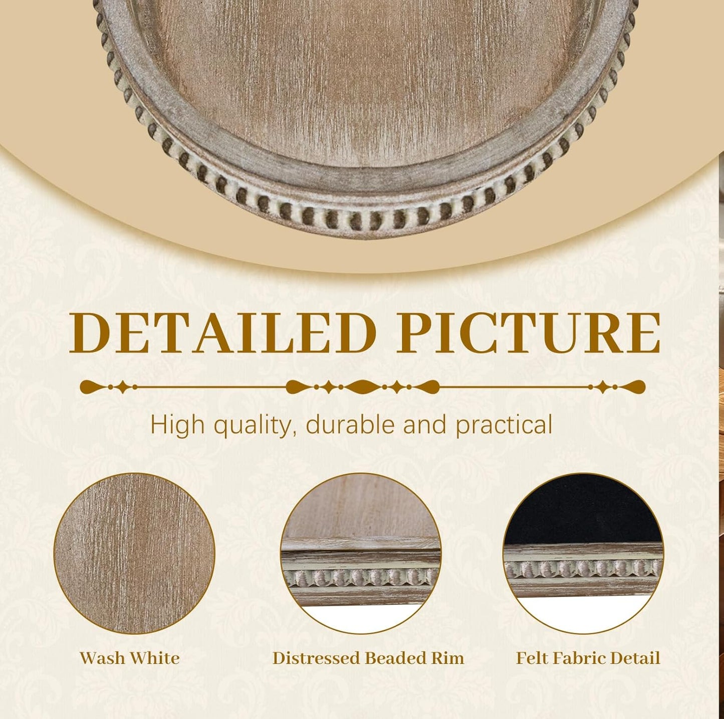 MAONAME Wood Serving Tray, Farmhouse Wooden Tray for Coffee Table, Oval Beaded Trays, Washed White Decorative Trays for Living Room, Kitchen, 15" X 9" X 1.2"