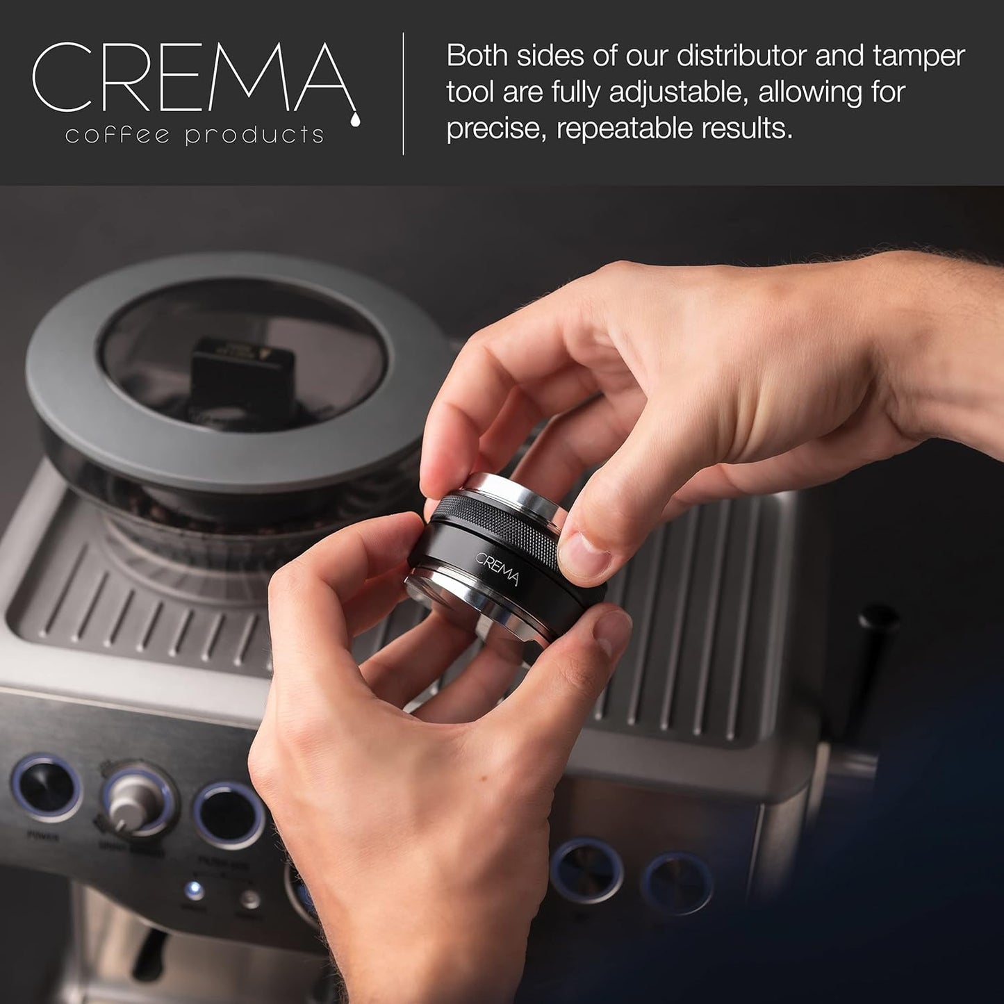 Crema Coffee Products 53.3mm Hand Tamper & Coffee Distributor | Compatible Compatible with Breville Portafilters| Double-Sided, Adjustable Depth Tool | Made with Durable 304 Stainless Steel | Black