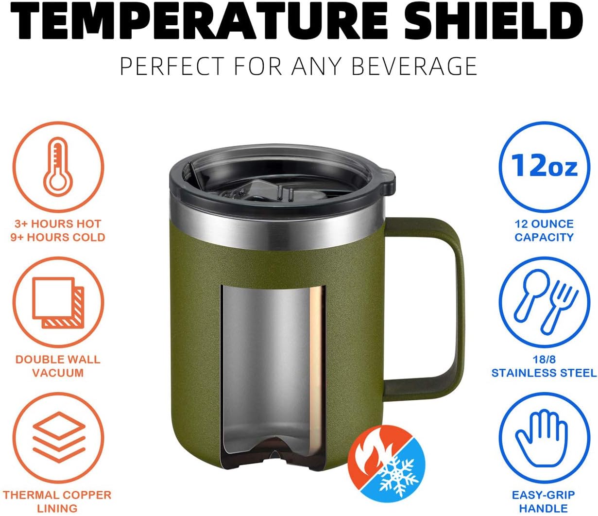 ALOUFEA 12oz Stainless Steel Insulated Coffee Mug with Handle, Double Wall Vacuum Travel Mug, Tumbler Cup with Sliding Lid, Army Green