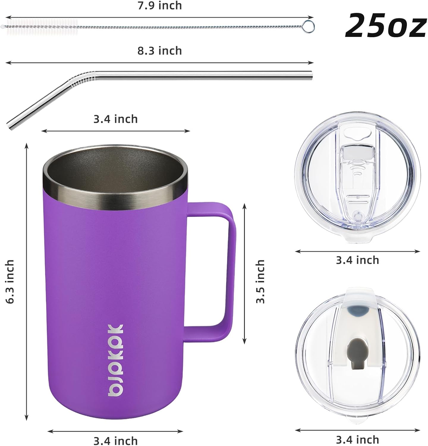 BJPKPK Insulated Coffee Mug with 2 Lids, 25oz Stainless Steel Insulated Tumbler with Handle, Double Wall Vacuum Coffee Cups, BPA Free Travel Mug for Coffee, Tea and Drinks, Purple