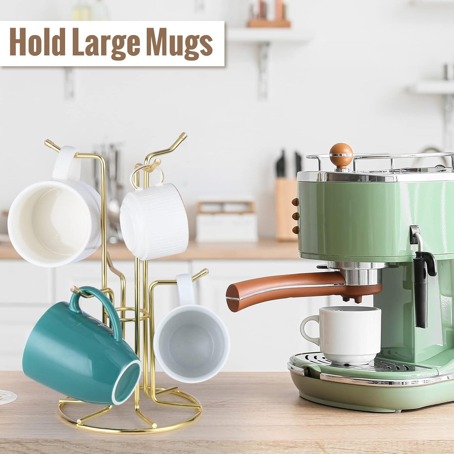 HULISEN Mug Holder for Large Cups, Mug Tree for Counter with 6 Hooks, Metal Coffee Mug Stand for Easy Pick, Place and Display, Coffee Bar Accessories and Decor, Free Standing Mug Rack, Gold