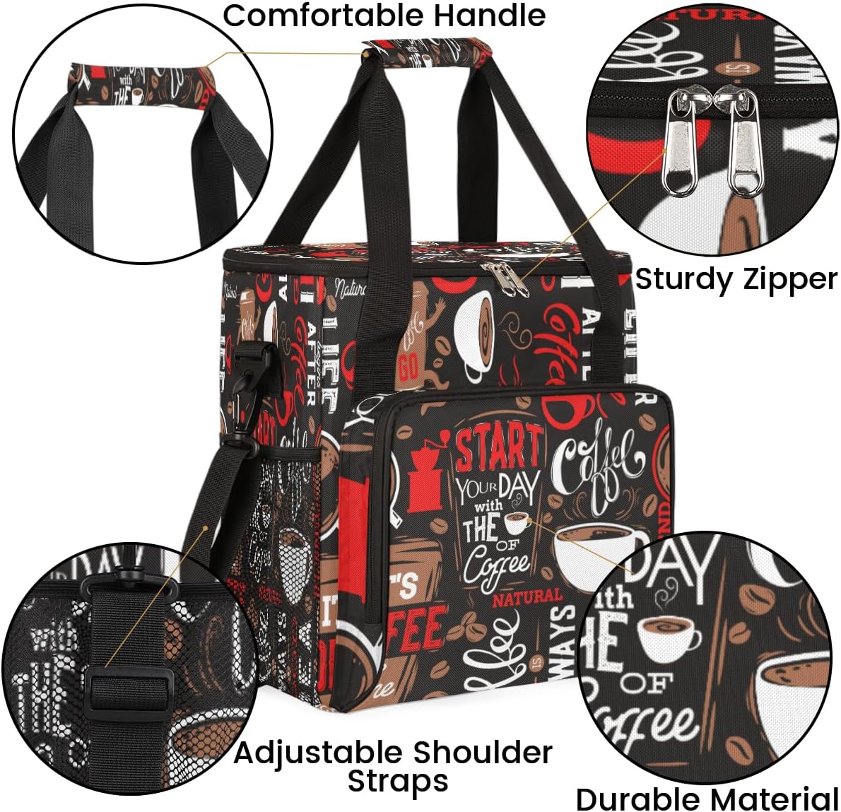 Red Start Day With Coffee Coffees Maker Carrying Bag Coffee Machine Travel Storage Tote Bag Compatible with K-Mini or K-Mini Plus, Portable Single Serve Coffees Brewer Case with Pockets for K-Cup Pods