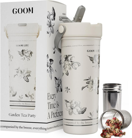 GOOM 20 oz Spill Proof Tumbler with Lid and Straw, Top Handle, Extended Tea Infuser, 18/10 Stainless Steel, Insulated Hot & Cold Brew Gifts for Mom Women Her, Teacher Gifts - Floral White