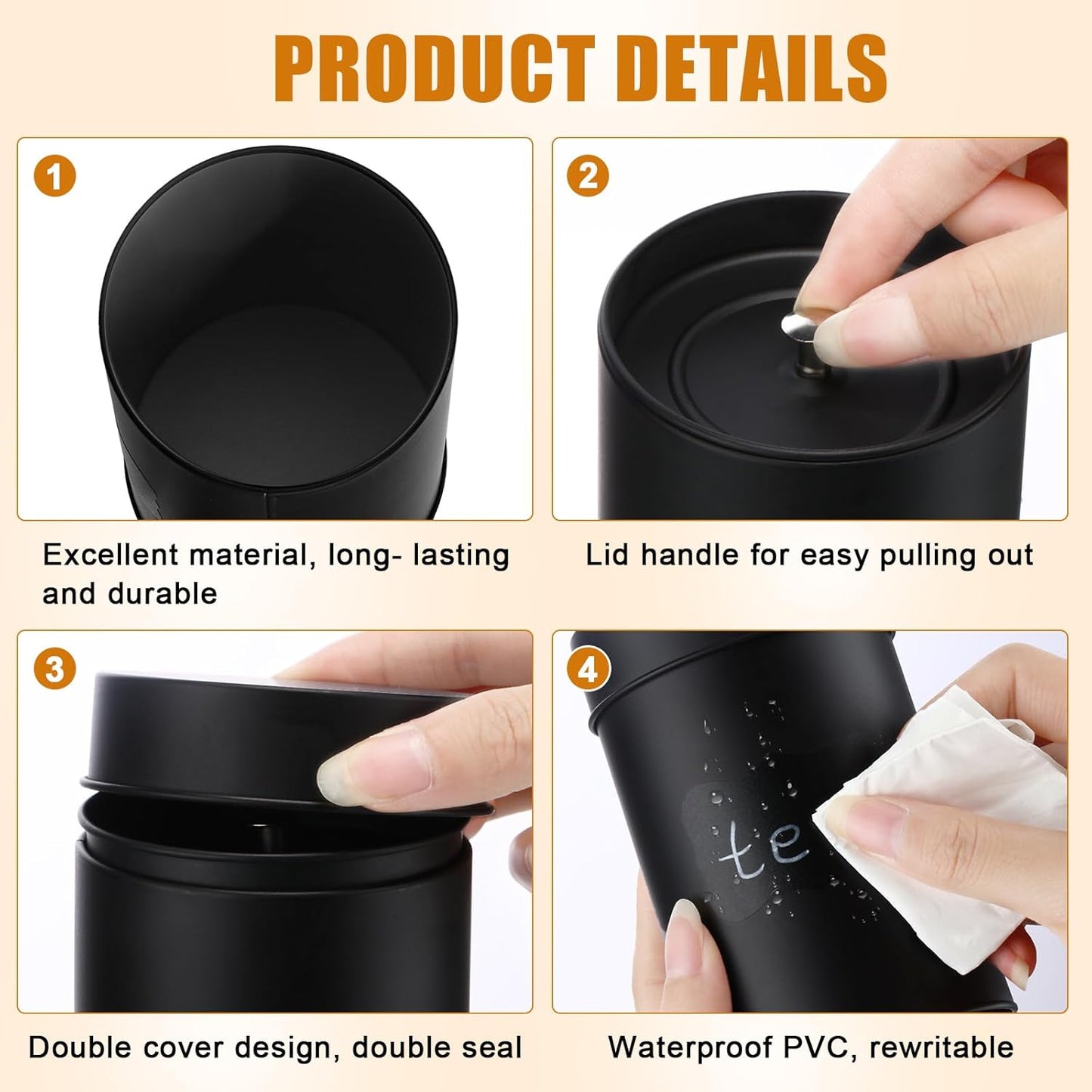 Tanlade 3 Pcs Tea Tin Canister Metal Round Can with Airtight Lid Double Sealed Tea Tin Canisters, with 1 Erasable Chalk Marker and 16 Stickers for Loose Leaf Coffee Sugar, 16 oz