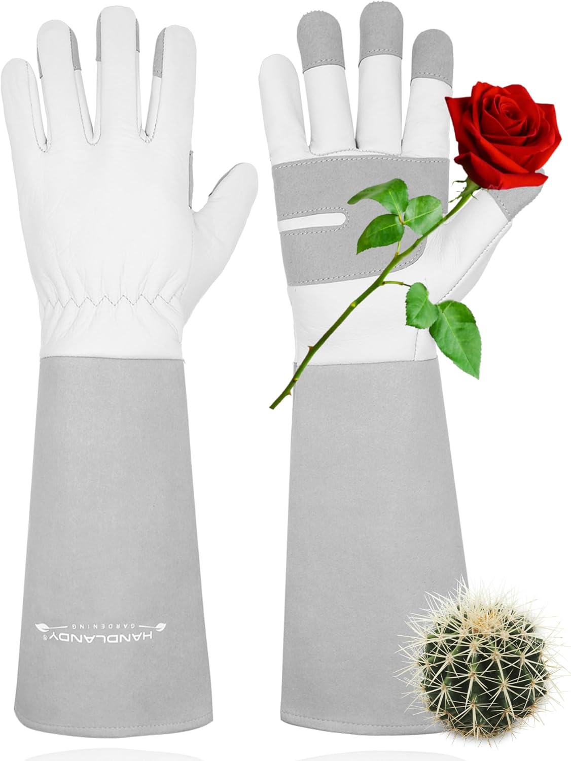 HANDLANDY Long Gardening Gloves for Men & Women, Thorn Proof Rose Pruning Gloves Leather Gauntlets Garden Glove Yard Work Glove (Large, Grey)