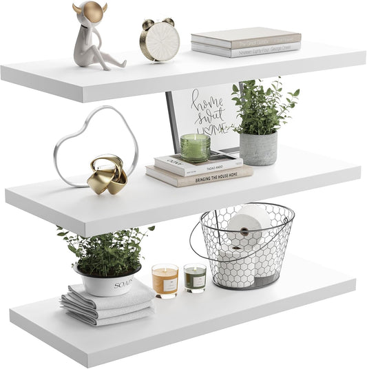 Wall Shelf Set of 3, White Floating Shelves 24 in W x 10 in D x 1 in H, Wooden Floating Wall Shelf with Invisible Brackets for Living Room/Bedroom/Bathroom/Kitchen Storage and Decor