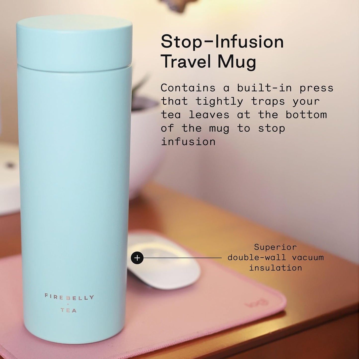 Firebelly Tea, Travel Tea Infuser Mug with Strainer, Insulated Tumbler for Loose Leaf Tea or Coffee, Leakproof Bottle for Hot or Iced Drinks, Stainless Steel Thermos with Lid, Mer