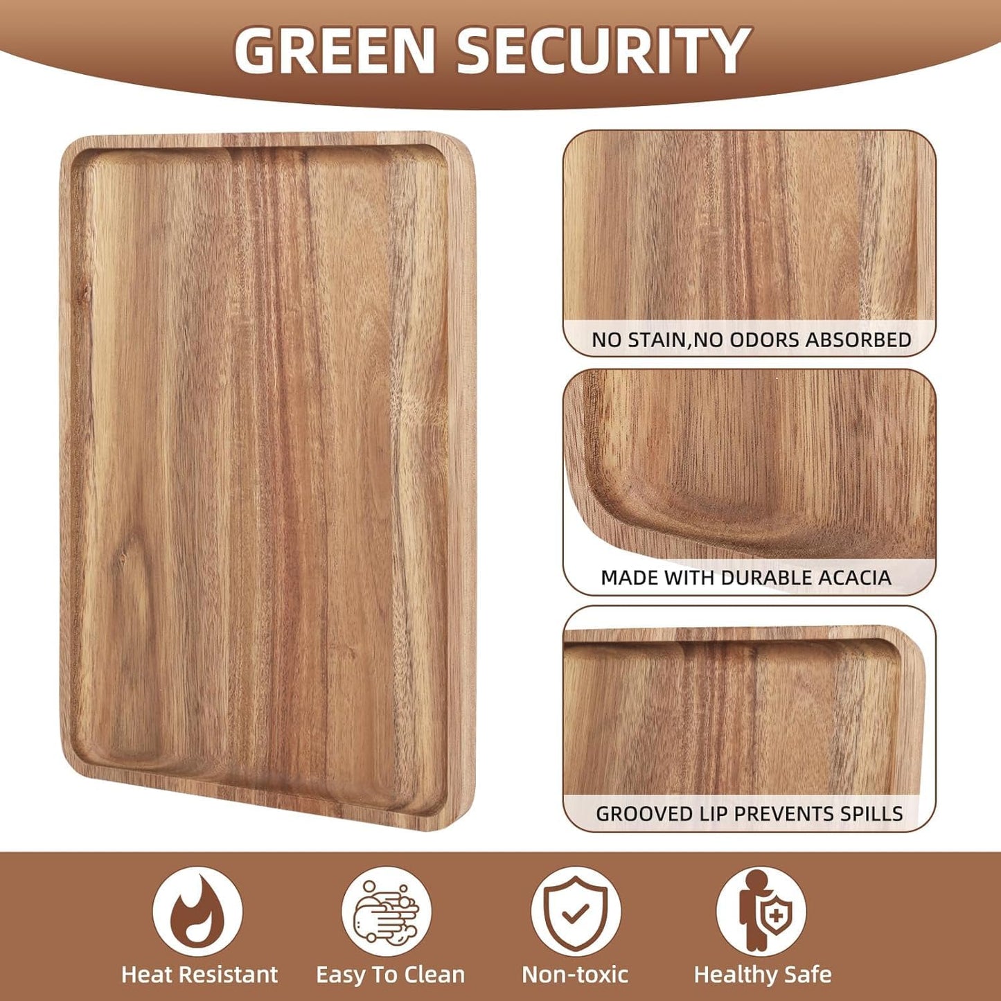 2pcs 15"x10" Large Solid Acacia Wood Serving Trays Rectangular Wooden Serving Platters Natural Wooden Boards for Bar Coffee Party（Wood Log Color）