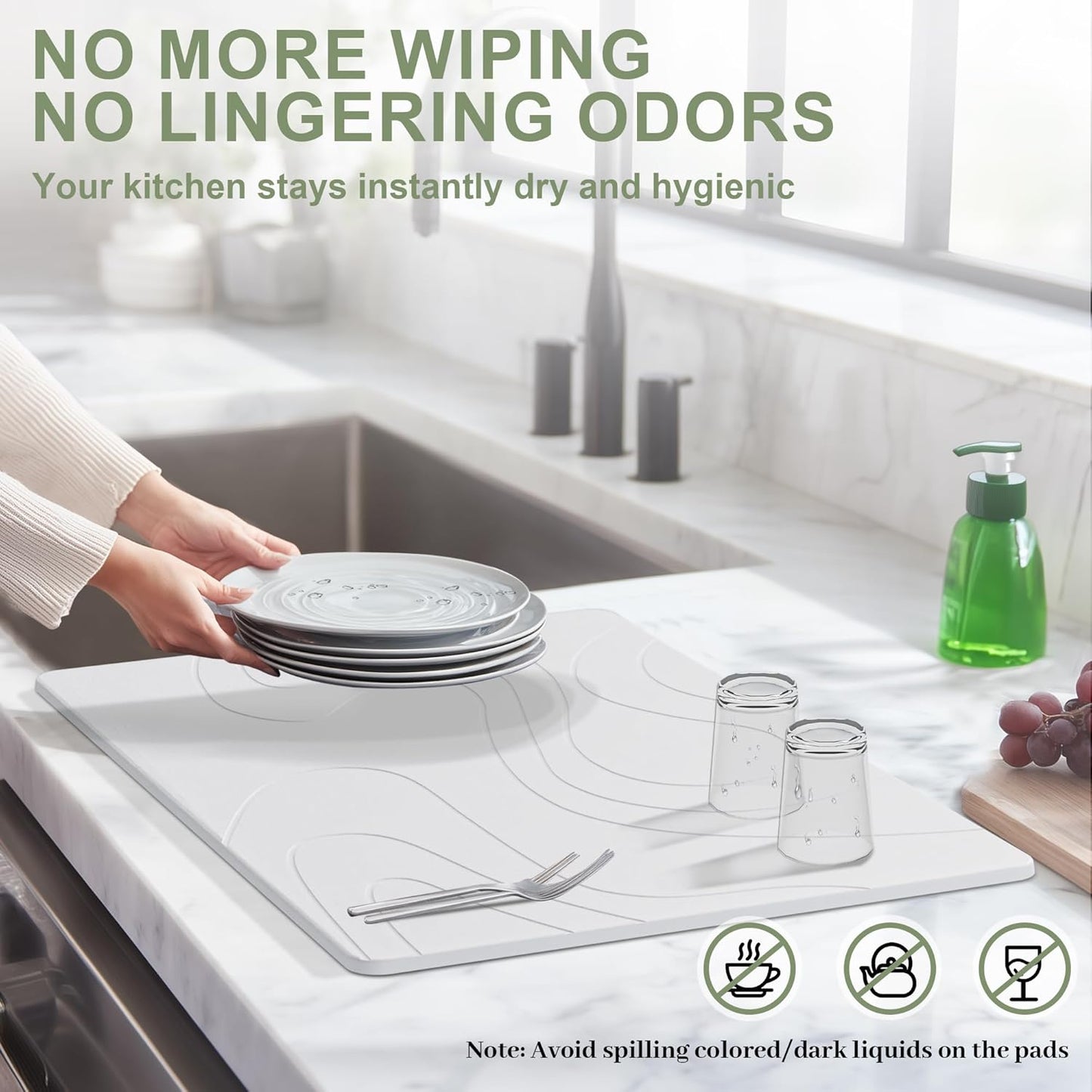 Large Stone Drying Mat for Kitchen Counter, 24" × 16" Diatomite Dish Drying Mat, Quick Dry Stone Mats, Ultra Absorbent Natural Diatomaceous Earth Mats for Dished, Bottles, White