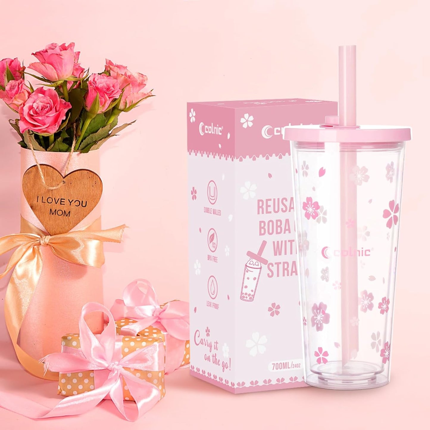 Reusable Plastic Boba Cup With Lids And Straws, 24Oz/700ml Smoothie Cups, Iced Coffee Cup, Leakproof Kawaii Cup, Boba Tumbler With Boba Reusable Straw,Double Wall Clear Bubble Tea Cup