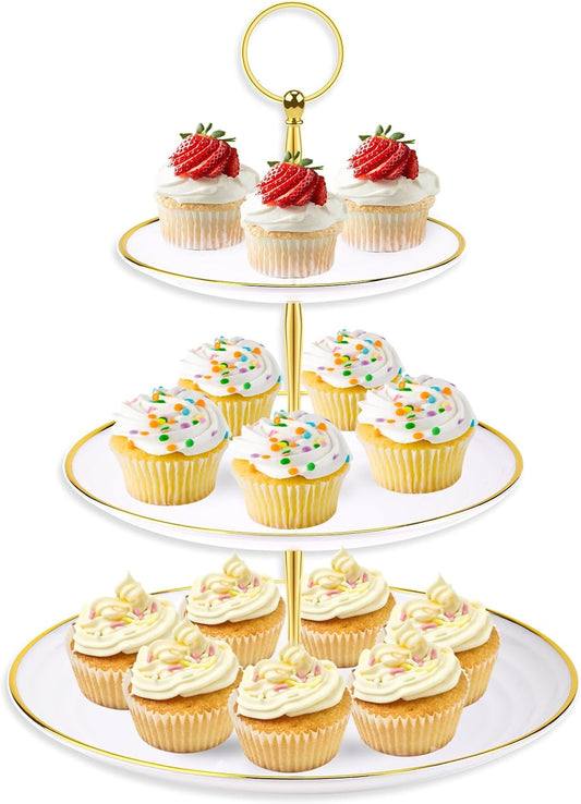 Hoedia 3 Tier Cupcake Stand Tower, Plastic White Cup Cake Holder for Dessert stands, Tiered Serving Tray for Tea Party, Birthday Party, Wedding Decor and Baby Shower(Round)