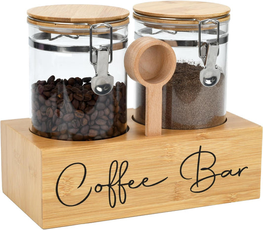 Glass Coffee Canister Set with Bamboo Shelf & Spoon - 2 Airtight Containers (47oz Each) for Coffee Beans, Ground Coffee, Sugar, Flour - Borosilicate Glass & Bamboo Lid with Silicone Seal