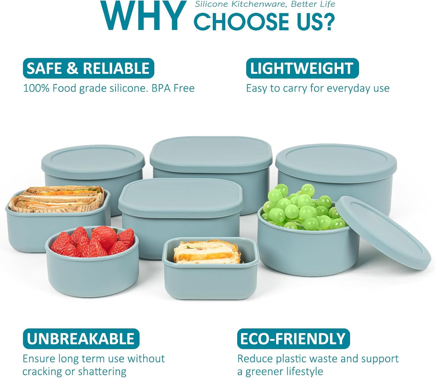 100% Silicone Food Storage Containers with Lids, 8 Pack, 10oz to 51oz, Reusable Leakproof Nesting & Stackable Silicone Bento Lunch Box, Microwave Freezer Dishwasher Oven Safe, BPA Free, Slate Green