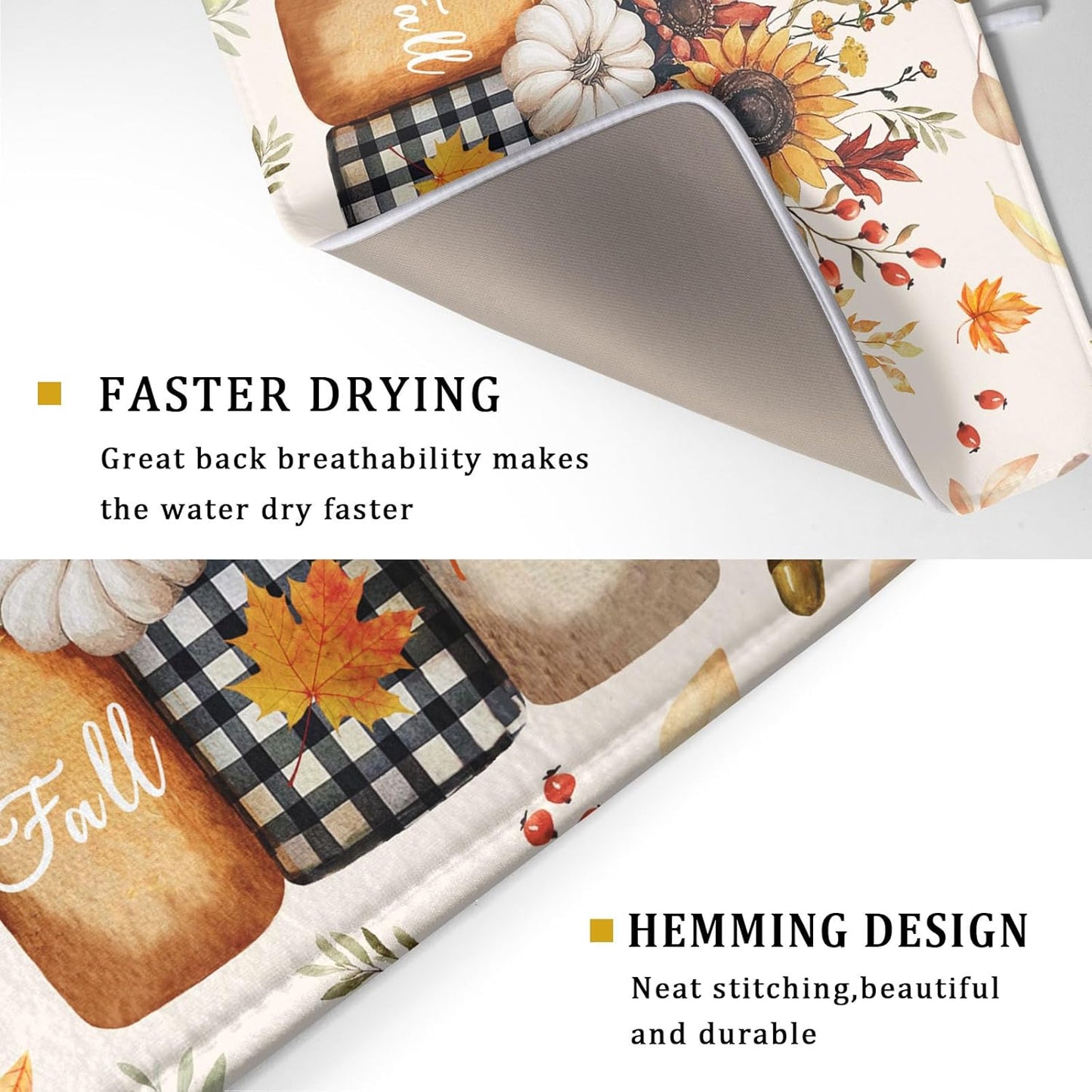 Autumn Sunflowers Vase Dish Drying Mat for Kitchen Counter,Fall Pumpkin Maple Leaves Drying Mat 18 x 24 Inch with High Absorbent Microfiber Dish Drying Drainer Mat for Coffee Bar