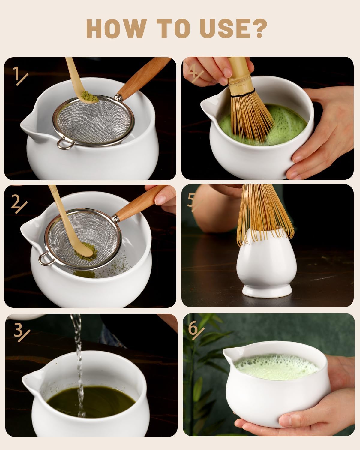 Nucookery Matcha Set - 5PCS Matcha Whisk Set, 18OZ Matcha Bowl (Chawan) with Spout, Matcha Whisk (Chasen) and Holder, Bamboo Matcha Scoop and Sifter, Matcha Kit/Tools/Accessories for Tea Ceremony
