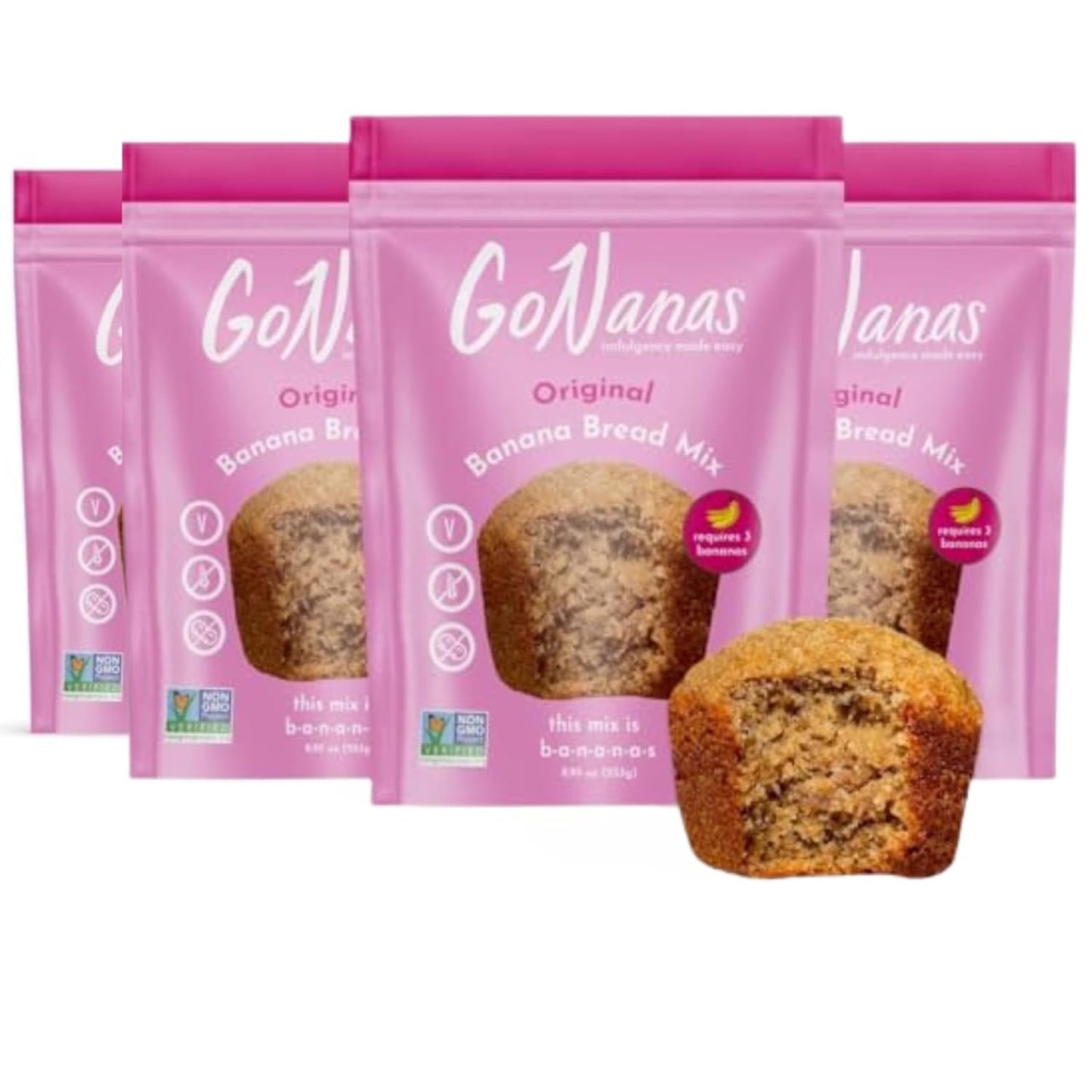 GoNanas Original Oat Flour Banana Bread Mix, Suitable for Plant Based Vegan Diets, Gluten Free Dairy Free Snacks, Healthy Snacks For Adults, Muffin Mix, Nut Free, Cupcakes Dessert, NON-GMO, 4pk