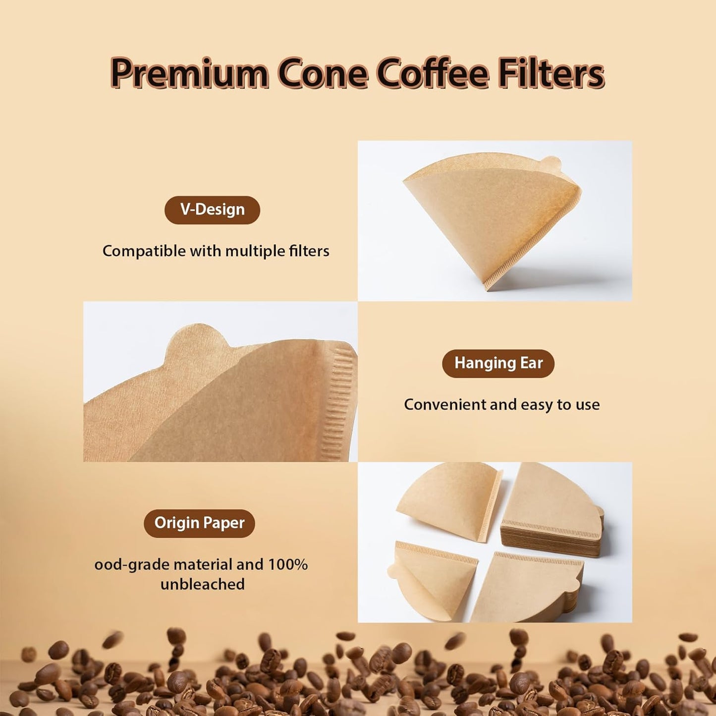 Coffee Filters V60 Coffee Filter Size 02 Cone Coffee Filters 2-4 Cups for Pour Over and Drip Coffee Maker(Natural Brown, 100 Count)